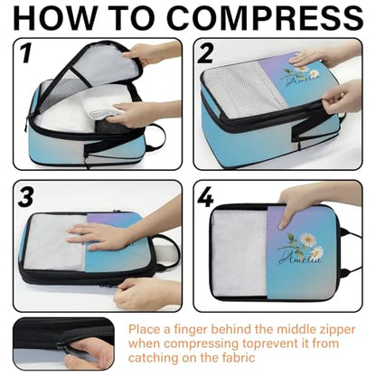 Custom 6 Set Compression Packing Cubes for Travel, Personalized Lightweight Luggage Organizer Bags with Birth Flower, Expandable Large Expandable Packing Organizer, Light Blue - color: Blue Pinks Purple