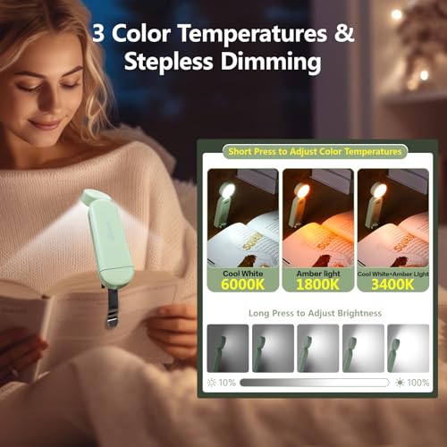 VAVOFO USB Rechargeable Book Light, Blue Light Blocking, Amber Light Clip On Bookmark Shaped Reading Light, Eye Care 6 LEDs Book Light for Bookworms Reading in Bed with 9 Lighting Modes (Green) - color: Green