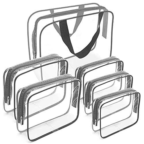APREUTY Clear Makeup Bags, TSA Approved 6Pcs Cosmetic Makeup Bags Set Clear PVC with Zipper Handle Portable Travel Luggage Pouch Airport Airline Bags Bathroom (Gray) - color: Gray-6PCS (Large+Medium+Small)