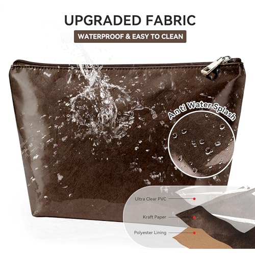 WLLWOO PVC Waterproof Makeup Bag Kraft Paper Cosmetic Bag Travel Toiletry Zipper Pouch Organizer for Women Purse - color: PVC-Coffee