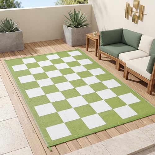 9x18 Checkerboard Outdoor Rug, Reversible Woven Plastic Straw Patio Mat, Checkered RV Camping Carpet with Corner Loops for Deck, Picnic, Balcony, Portable Floor Mat, Green & White - color: Green/White, size: 9' x 18' (Rectangular)