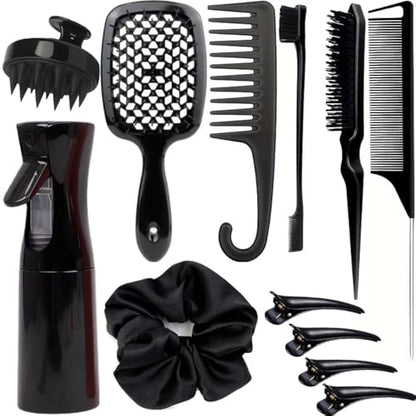12 Pcs Hair Styling Brush Set with Detangler, Teasing, Rat Tail, Edge Brushes and Baby Hair Brushes - Soft Bristles for Baby Girls and Women (Black) - color: Black