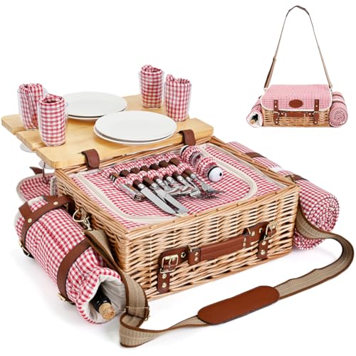 Multifunctional Wicker Picnic Basket Set for 4 with Blanket and Picnic Table, Insulated Picnic Set with Full Tablewares for Camping Outdoor Couples, Gingham - color: Gingham With Blanket &Table for 4