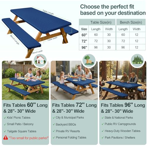 Play Tailor Picnic Table Cover with Bench Covers Camping Essentials Waterproof Windproof Camping Tablecloth with Drawstring Bag, Fitted Rectangle Tables and Seats, 72in, Deep Blue - color: Deep Blue, size: 72in