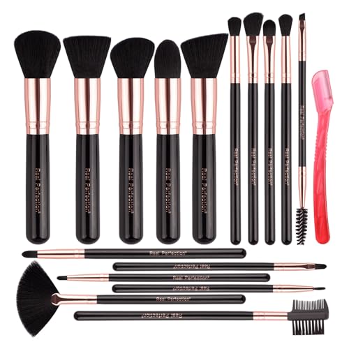 Real Perfection Makeup Brush Set 16 Pcs with 1 Eyebrow Razor Premium Synthetic Foundation Powder Concealers Eyeshadow Blush Makeup Brushes Make up Brushes Kit (Black) - color: Black
