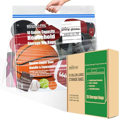 BEIDOU-PAC 10 Gallon Large Storage Bags with Handle, 25 Counts | Double Zipper Seal | Expandable Bottom, Resealable Clear zip Bags - style: Zip-10 gallon-25