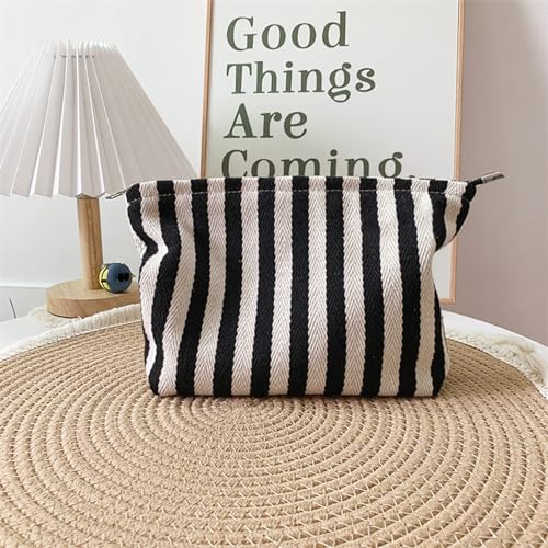 HAPPYHEIDI Large Stripe Makeup Bag Cosmetic Toiletry Travel Pouch, Purse Organizer, Canvas Lined, Black White, Large - color: Classic Black White Stripes Large
