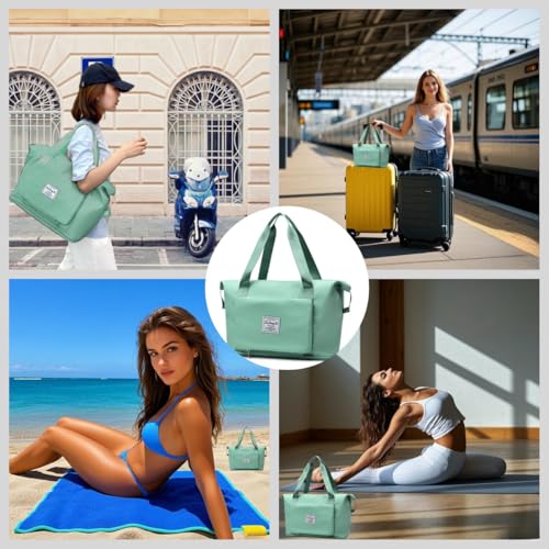 Large Capacity Foldable Travel Bag, Expandable lightweight Carry on Bag, Dry with Wet Separation Spor Duffel Bags (Light Green) - color: Light Green