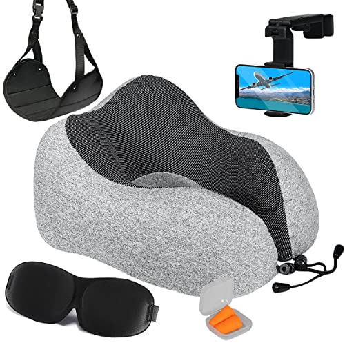 Homeify Airplane Travel Kit – Adjustable Memory Foam Airplane Neck Pillow with Phone Holder, Eye Mask, Foot Hammock, and Earplugs – 6 Piece Plane Travel Essentials for Long Flights - color: Grey (Hammock Included), size: 1 Pack