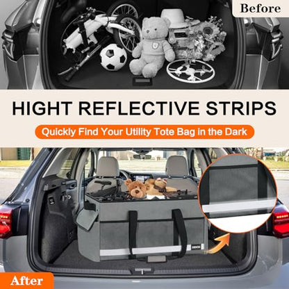 Upgrade Extra Large Utility Tote Bag with Reflective Strip, Standing Reusable Grocery Bags with Hard Bottom & 4 Sided Reinforced, Collapsible Utility Tote with Handles for Beach, Picnics, Car - color: Grey