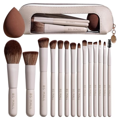 BS-MALL 14 Pcs Makeup Brushes Set with 1 Pcs Makeup Sponge – Essential Foundation Powder Concealers, Eye Shadows, Blush Makeup Brushes with Travel Makeup Case (Beige) - color: Beige