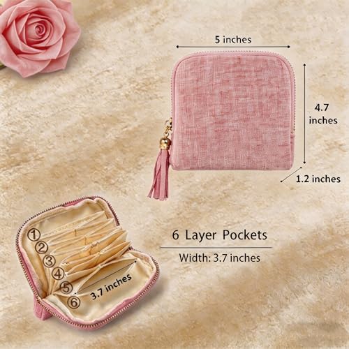 Small Travel Jewelry Case for Women, 6-Layer Velvet Organizer Pouch with Zipper, Anti-Scratch Portable Bag for Bracelets, Rings, Earrings & Necklaces (Pink) - color: Pink