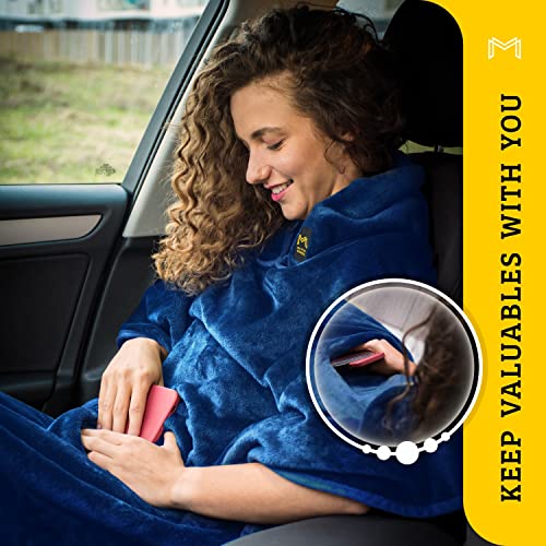 Travel Blanket Airplane Compact with Hoodie – 2in1 Airplane Travel Accessories from Plane Blanket to Travel Pillow with Luggage Strap, Soft Handle & Secure Pocket (Navy Blue, 62x41'') - color: Navy Blue, size: 62x41''