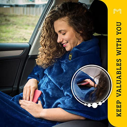 Travel Blanket Airplane Compact with Hoodie – 2in1 Airplane Travel Accessories from Plane Blanket to Travel Pillow with Luggage Strap, Soft Handle & Secure Pocket (Navy Blue, 62x41'') - color: Navy Blue, size: 62x41''