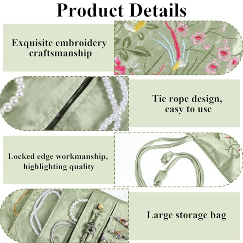 Embroidery Travel Jewelry Bag Roll, Embroidery Jewelry Organizer Roll, Jewelry Travel Bag, Embroidered Flower and Bird Brocade Organizer with Tie, Foldable Ancient Style Pouch, Jewellery Organizer