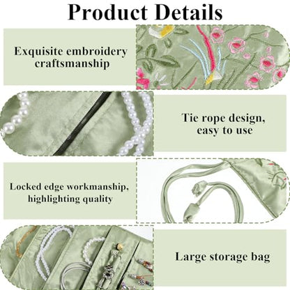 Embroidery Travel Jewelry Bag Roll, Embroidery Jewelry Organizer Roll, Jewelry Travel Bag, Embroidered Flower and Bird Brocade Organizer with Tie, Foldable Ancient Style Pouch, Jewellery Organizer