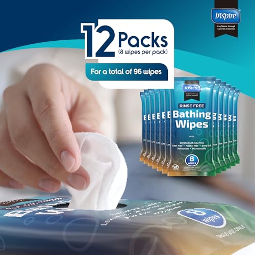 Body Wipes for adults bathing rinse free | Adult Wash Cloths Extra Large, Bathing Wipes for Incontinence With Aloe Vera, 8"x 8" In (96 count) | By Inspire - style: Thick Value Pack - 12 Packs Of 8