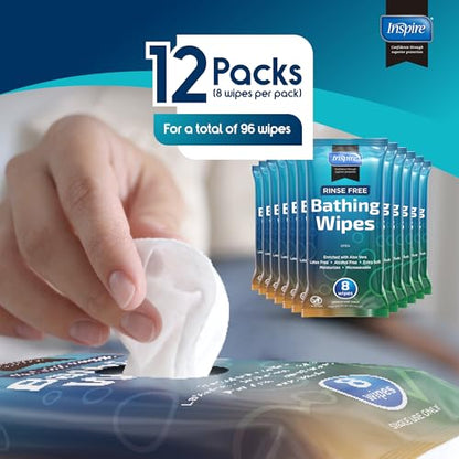 Body Wipes for adults bathing rinse free | Adult Wash Cloths Extra Large, Bathing Wipes for Incontinence With Aloe Vera, 8"x 8" In (96 count) | By Inspire - style: Thick Value Pack - 12 Packs Of 8