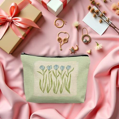 Grandmillennial Blue Tulip Floral Makeup Cosmetic Bag for Women, Modern Southern Blue and Green Botanical Flower Aesthetic Portable Travel Toiletry Bag Zipper Makeup Pouch - color: Flower seven