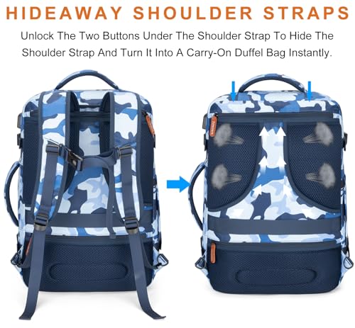 Lumesner Carry on Travel Backpacks, Extra Large 40L Flight Approved for Men & Women,Expandable Suitcase backpack (Camouflage Blue(Backpack With 4 Packing Cubes)) - color: Camouflage Blue