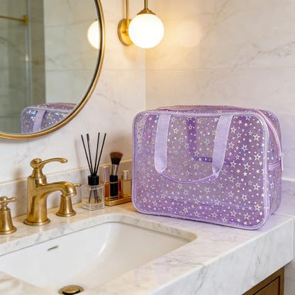 Clear Star Large Cosmetic Bag and Travel Pouch with Handle,Durable Material,Zipper Design-Ideal for Makeup,Travel Essentials (Purple+Shiny Star) - color: Purple+Shiny Star