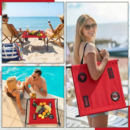 Portable Beach Table Foldable Camping Picnic Table with Cup Holder and Phone Pockets Lightweight Stable for Tailgate Travel Fishing Hiking and Outdoor Adventures(Red,Solid Pattern) - color: Red