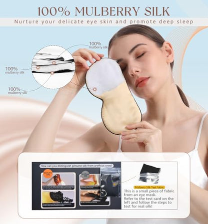 HiRui Silk Sleep Mask, 100% Natural Mulberry Silk of Double-Sided & Inner-Filling, Ultra-Smooth Soft, Adjustable Strap, Blocks Light for Night Sleeping, Travel, Office Naps (Champagne) - color: Champagne