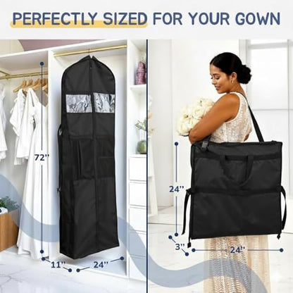 Wedding Dress Garment Bag 72" – Waterproof Trifold Travel Garment Bag for Bridal Gown with Shoulder Strap, Suitcase Sleeve & Accessory Pockets – Fits Full Skirts, Oxford Fabric, Carry Handle - color: Black