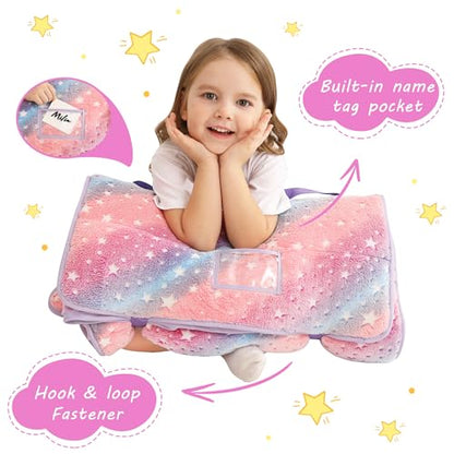 Lasoftan Toddler Nap Mat with Pillow and Blanket, Extra Large Rolled Napping Mats,Slumber Bags for Boys Girls,Kids Sleeping Bag for Daycare, Preschool Travel Camping - color: Glowing Star