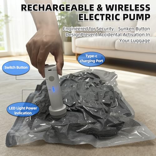 15 Pack Travel Vacuum Bags for Clothing with Rechargeable Electric Pump，Travel Vaccine Sealed Storage Bag for Clothes Suitcase