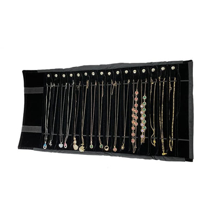 Portable Jewelry Roll Untangled Secure Necklace Travel Storage Bag Displays Holder 16 Chain (black PU and velvet) - color: black PU and velvet