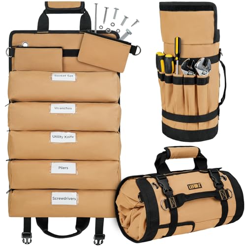 Tool Bag,Large Roll Up Tool Bag Organizer,13 Pockets Tool Roll Storage Pouch,Heavy Duty Portable Tool Storage Carrier Bag for Men,Mechanic,Electrician,Valentines Day Gifts for Men,Brown - color: Brown