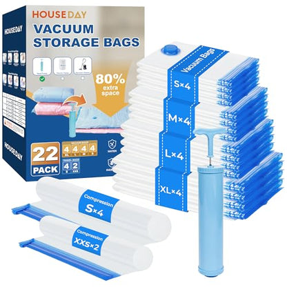 HOUSE DAY 22 Pack Vacuum Storage Bags with Pump,Space Saving Vacuum Seal Bags For Clothing Travel,4 Jumbo/4 Large/4 Medium/4 Small, 4S Roll/2XXS Roll Bags, Hand Pump Included, Sealer Clothes Storage - size: 22 Combo