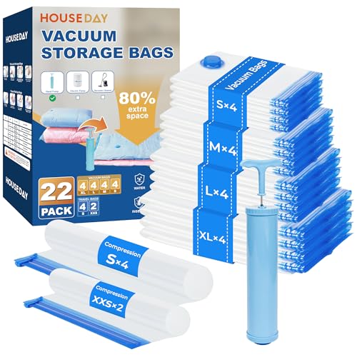 HOUSE DAY 22 Pack Vacuum Storage Bags with Pump,Space Saving Vacuum Seal Bags For Clothing Travel,4 Jumbo/4 Large/4 Medium/4 Small, 4S Roll/2XXS Roll Bags, Hand Pump Included, Sealer Clothes Storage - size: 22 Combo