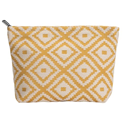 Parallel Checkered Embroidery Yellow Makeup Bag for Women Girls - Large Capacity Cosmetic Pouch | Travel Toiletry Bag & Purse Organizer - color: Plaid Yellow
