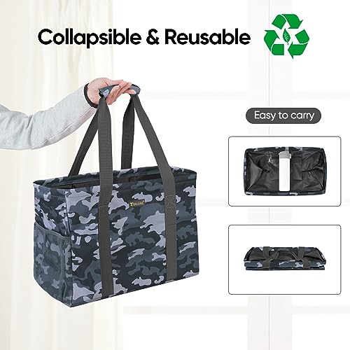 BALEINE Extra Large Utility Tote Bag with Reinforced Wire Frame, Reusable Grocery Bag for Shopping, Picnic (Grey Camouflage, 16.5''x14''x10'') - color: Gray Camouflage, size: 16.5''x14''x10''
