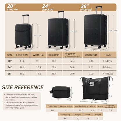 Merax Luggage Sets 5 Piece, Hardside 20" Half-opening Carry On Suitcase Set with USB Port,Lightweight Travel 24" 28" Luggage with Bags TSA Locks Double Spinner Wheels,Black - color: Black, size: 3 piece(20front open+24+28+bags)