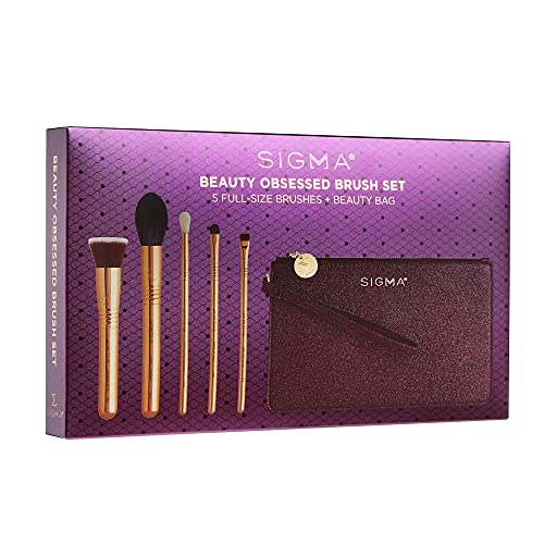 Sigma Beauty Obsessed Makeup Brush Set – Set of 5 Face & Eye Makeup Brushes for All Over Application, For Eyes, Blending, Setting & Foundation, Includes Clutch-Style Small Makeup Bag - style: Obsessed Brush Set
