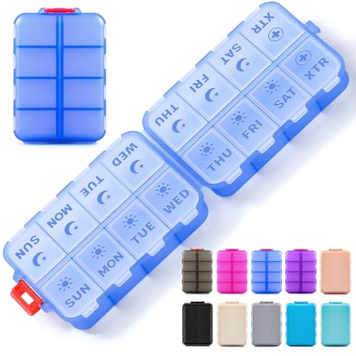 Foldable Weekly Pill Organizer 2 Times a Day with 2 Extra Compartments - Etched Labels - Portable 7 Day AM PM Medicine Box, Week Daily Travel Pill Case Holder for Meds, Vitamin, Supplement -Clear Blue - color: Clear Blue, size: AM & PM & EXTRA
