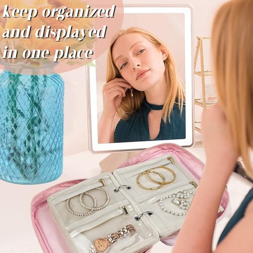 Travel Jewelry Organizer Case,Small Jewelry Bags for Traveling, Jewelry Binder with 24 Pcs Clear Zipper Velvet Pouches (Pink) - color: Pink