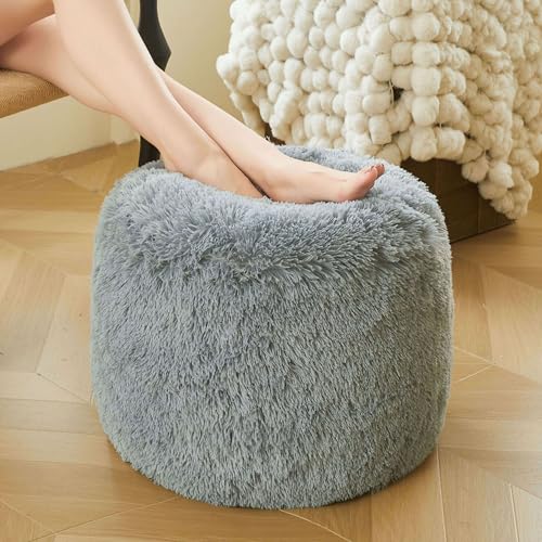 XeGe Fluffy Faux Fur Inflatable Pouf Ottoman, Soft Portable Shaggy Fuzzy Foot Stool, Gray Plush Furry Foot Rest Floor Pouf, Round Ottoman Cushion Living Room Bedroom Patio Dorm Desk, Light Grey - color: Light Grey, size: 20"x20"x16"