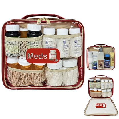 Large Travel Pill Bottle Organizer, Clear Medicine Bag, 2 Zipper Compartments with Divider and Mesh Pockets, Easy View of Medications, Medical Supplies, and Toiletries, PVC - Red - color: - Pvc Red, size: L (Pack of 1)