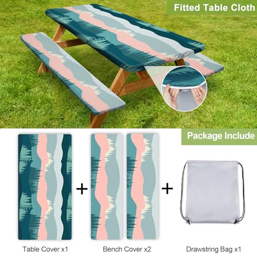 Picnic Table Cover with Bench Covers 6FT 3 Pcs Waterproof Windproof Aesthetic Camping Tablecloth with Drawstring Bag, Fitted for 6 Foot Rectangle Tables and Seats, 72 inch, Pink Green Mountains - color: Pink Green Mountains