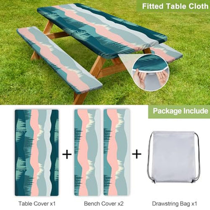 Picnic Table Cover with Bench Covers 6FT 3 Pcs Waterproof Windproof Aesthetic Camping Tablecloth with Drawstring Bag, Fitted for 6 Foot Rectangle Tables and Seats, 72 inch, Pink Green Mountains - color: Pink Green Mountains