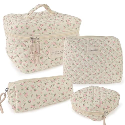 NATINSA Cute Makeup Bag for Women(2 Pcs), Travel Cosmetic Bags, Quilted Coquette Aesthetic Floral Toiletry Organizer Bag (46 - PinkMuDan) - color: 46 - PinkMuDan