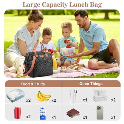 LOKASS Lunch Bag Insulated Lunch Box Wide-Open Lunch Tote Bag with Removable Shoulder Strap for Women/Men Adults Work Picnic Hiking Beach Fishing(Black) - color: Suqare Black-Starps