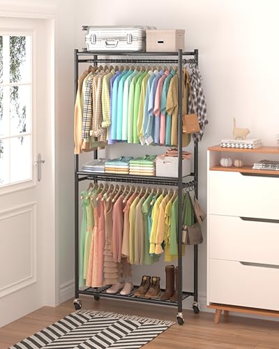 Sakugi Clothes Rack - 33.0" x 12.2" x 79.5" Clothing Rack with Shelves & Wheels, Multi-Functional Wardrobe Closet with Hooks, Sturdy Metal Garment Rack for Bedroom, Laundry, Balcony (Black) - color: Black, size: Large