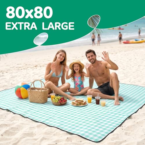 Waterproof Beach Blanket Picnic Outdoor Camping Mat Rug Oversized Extra Large Foldable Sandproof Sand Free Resistant Big XL Giant Towel Hawaii Honeymoon Essentials Women Summer Must Have Vacation Gift - color: Plaid Aqua