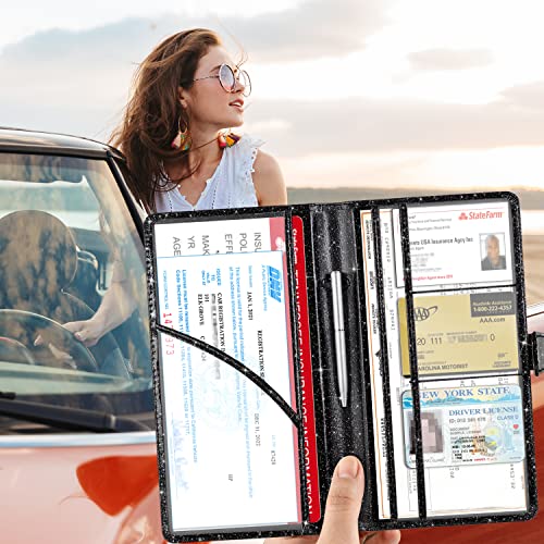 RSAquar Car Registration and Insurance Holder, Vehicle Glove Box Organizer Cool Car Accessories, Auto Truck Document Holder for Cards, Driver License, Black Glitter - color: AAA Glitter Black
