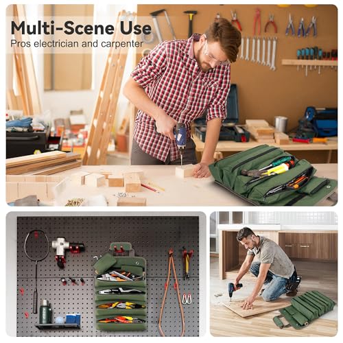 Roll Up Tool Bag, Heavy Duty Roll Up Tool Bag Organizer, Motorcycle Tool Roll Bag Organizer, Foldable Portable Tool Bags, Men's Gift Suitable for Mechanics Welding Electricians (Green)